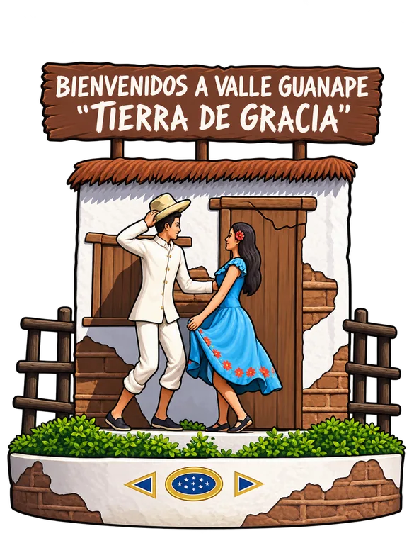 Ilustración de una pareja bailando frente a un letrero de bienvenida a Valle Guanape