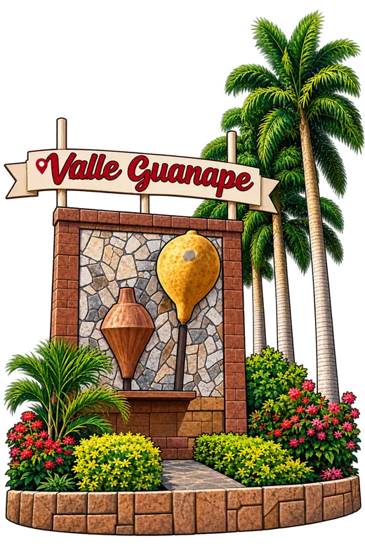 Monumento ilustrado de bienvenida a Valle Guanape con palmeras